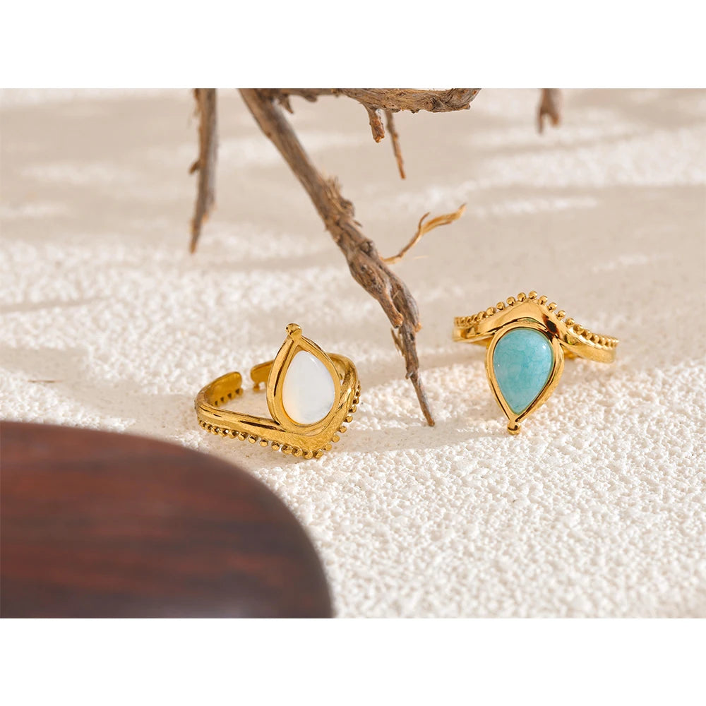 Blue White Natural Stone Shell Amazonite France Adjustable Open Ring Stainless Steel Charm Daily Fashion Jewelry Gift