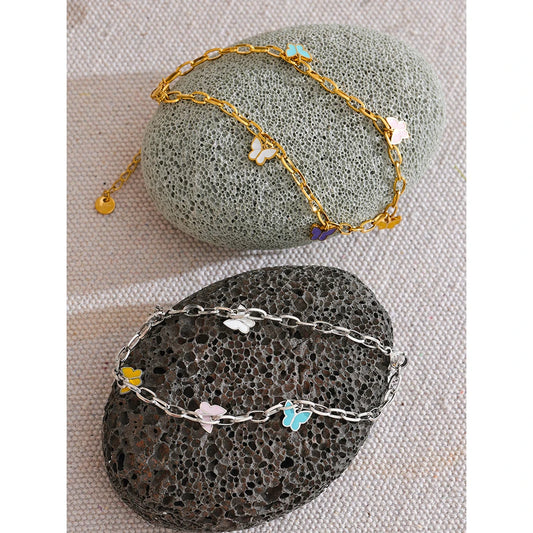 Summer Stainless Steel Enamel Butterfly Drop Chain Anklet for Women Waterproof 18K PVD Plated Fashion Jewelry