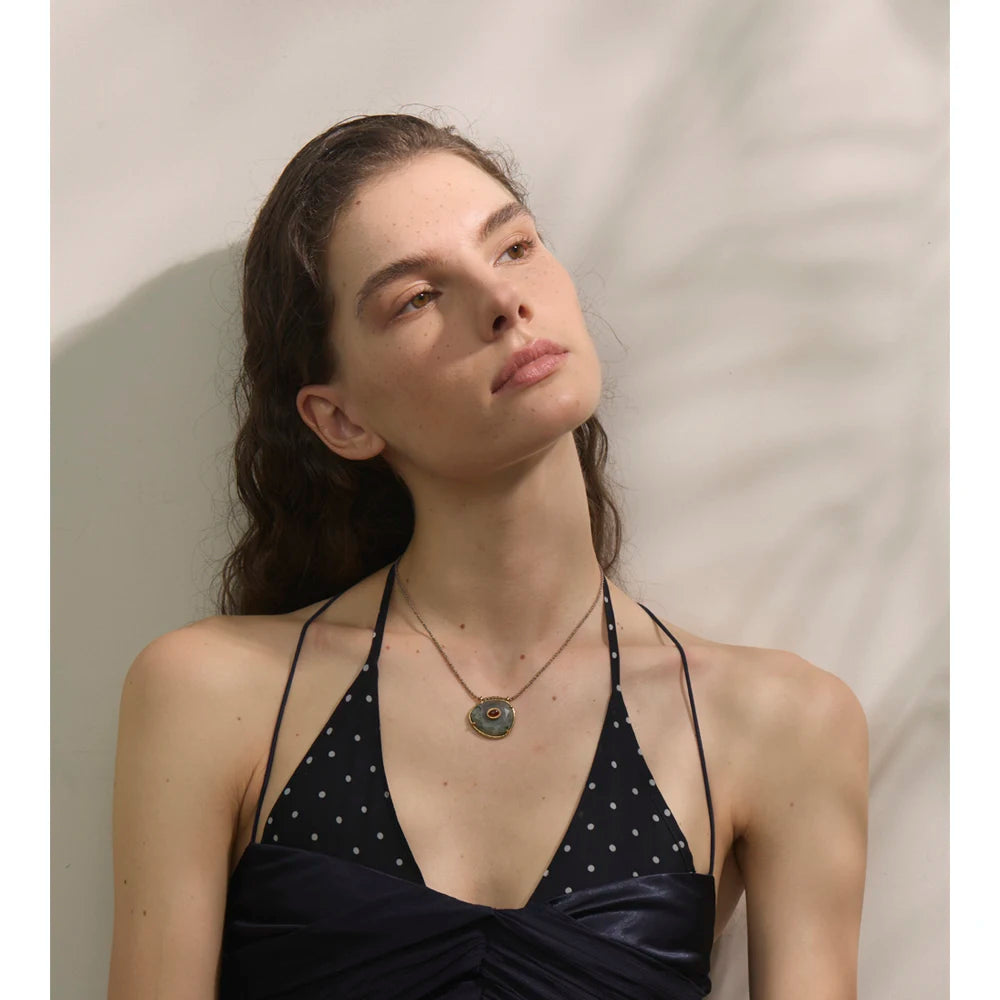 Natural Spectrolite Agate Stone Oval Pendant Necklace for Women Golden Stainless Steel Exquisite Fashion Jewelry Gift