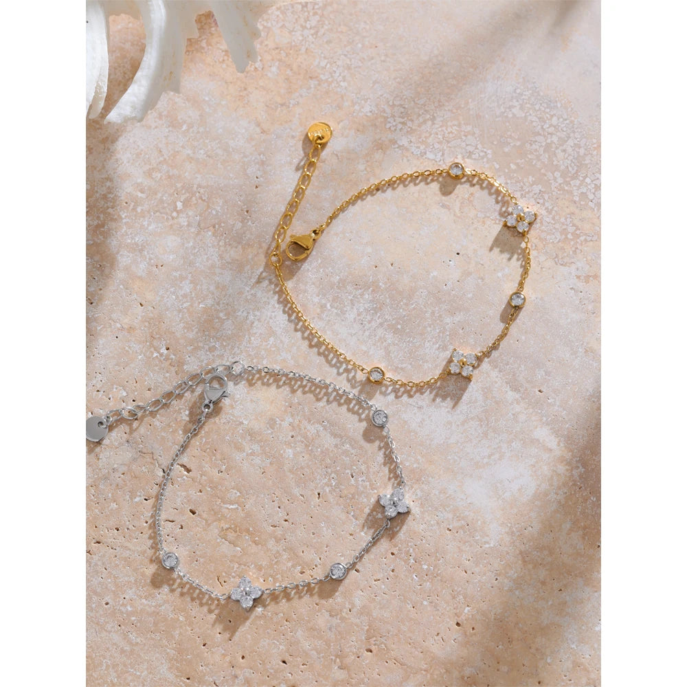 Delicate Cubic Zirconia Flower Chain Thin Bracelet Bangle Stainless Steel Rust Proof Office Ladies Chic Jewelry New Gift