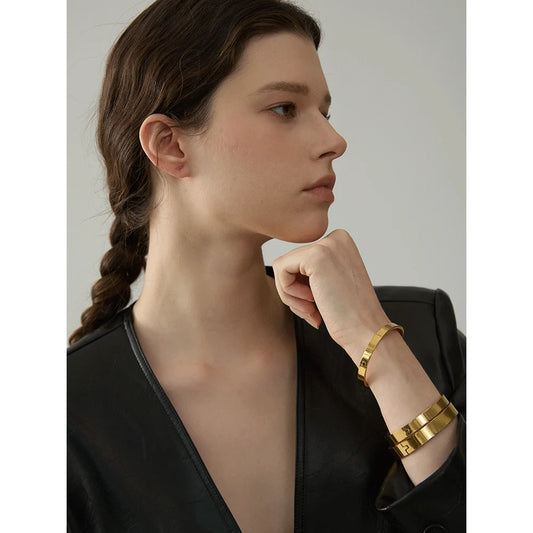 High Quality Stainless Steel Round Wide Bracelet Bangle Fashion Texture Gold Silver Color Waterproof Charm Jewelry Gift