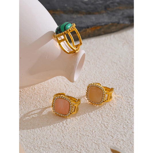Natural Pink Crystal Stone Malachite Zircon Square Open Ring for Women Stainless Steel High Quality Finger Jewelry Gift