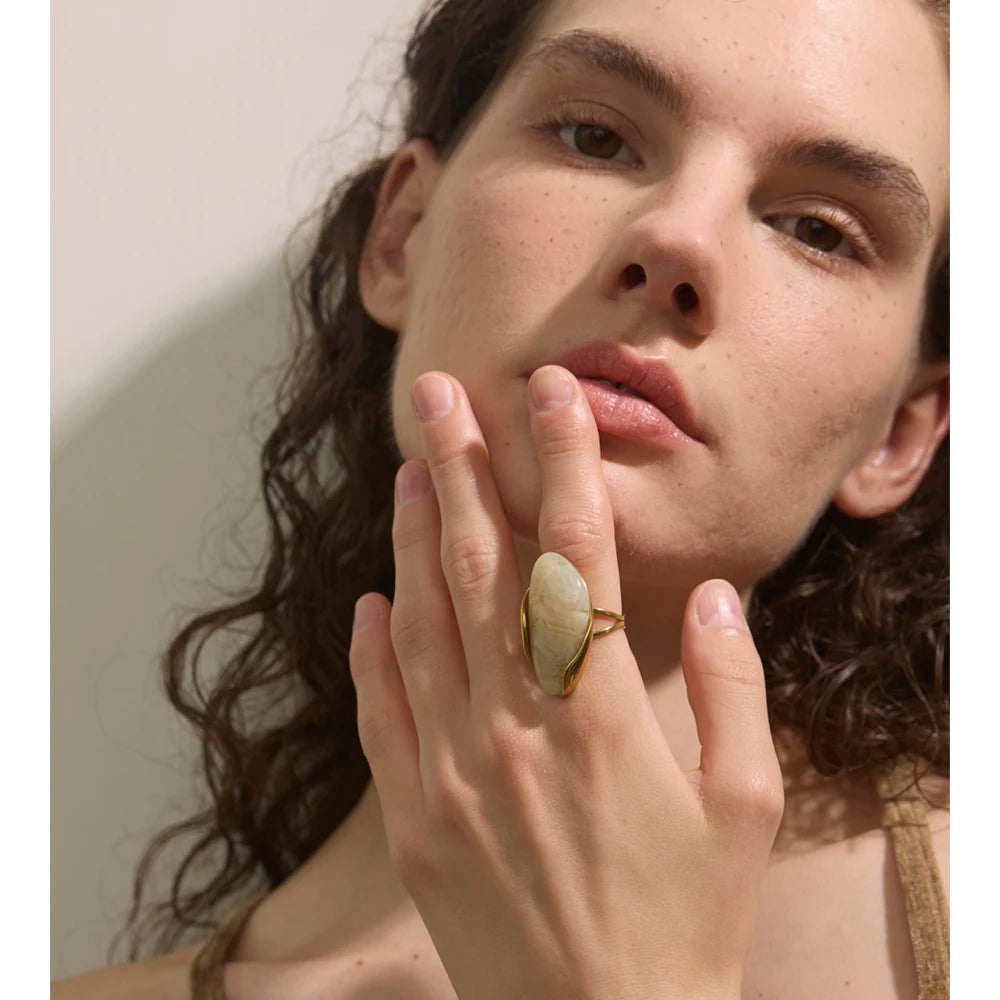 New Design Brown Green Beige Resin Geometric Adjustable Ring Golden PVD Stainless Steel Rust Proof Finger Jewelry Gift