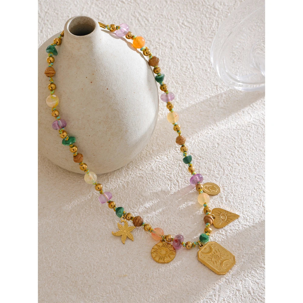 Arrivals Handmade Jewelry Colorful Natural Stone Chain Flower Eye Square Drop Necklace Stainless Steel Waterproof Necklace
