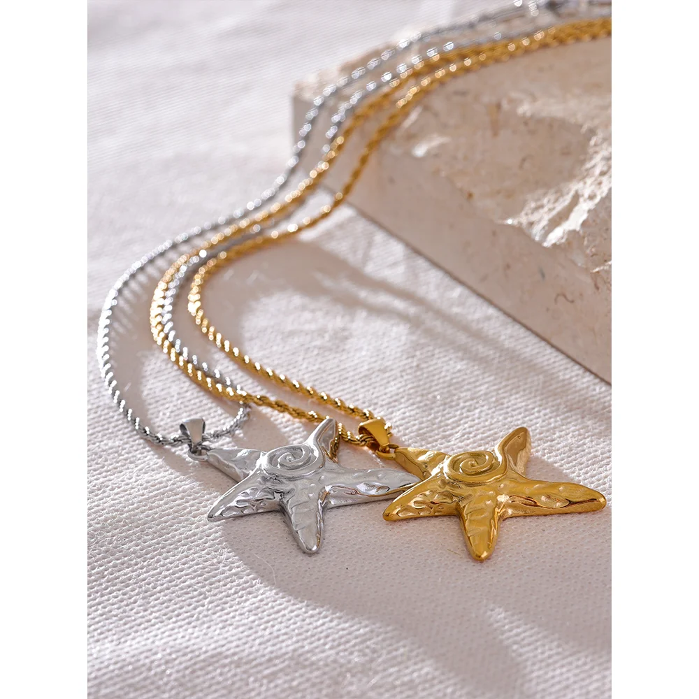 316L Stainless Steel Starfish Pendant Necklace Rust Proof Statement 18K Gold PVD Plated Individualistic Holiday Jewelry
