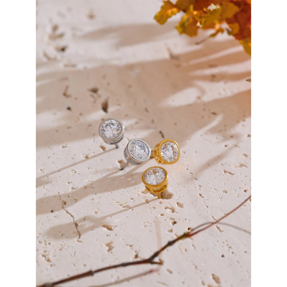 High-Grade AAA Shiny Cubic Zirconia Round Stud Earrings Luxury Stainless Steel Daily Premium Jewelry Accessories