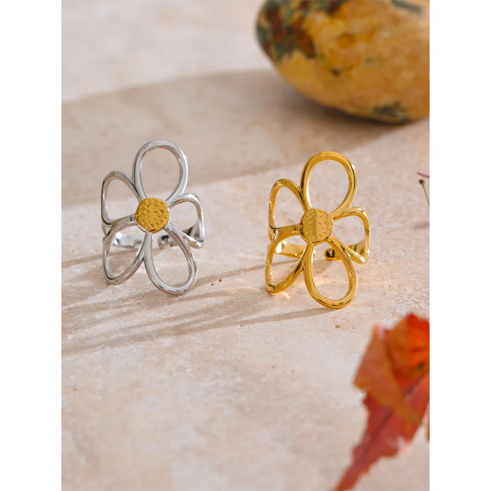 Trendy Stainless Steel Metal Flower Adjustable Fashion Finger Ring Rust Proof Attractive Daily Jewelry Accessories Gift