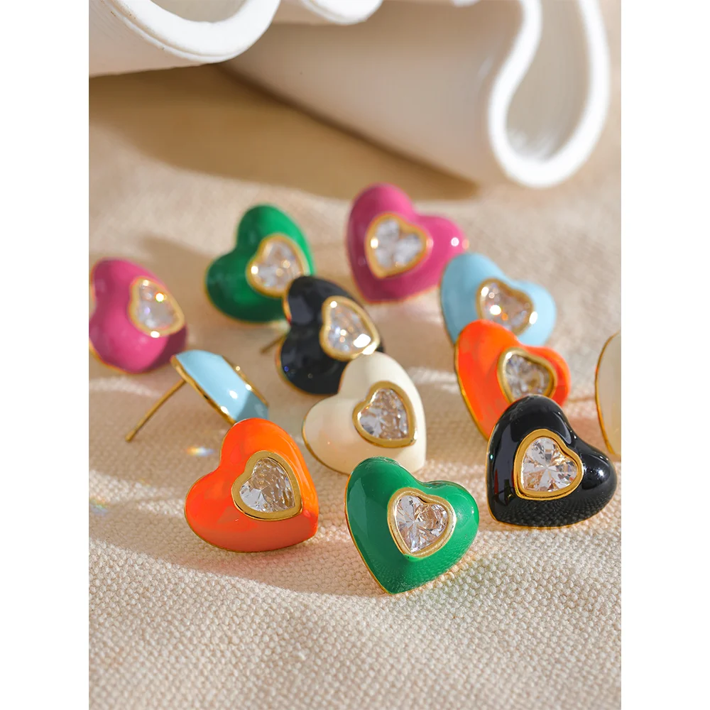 6Color Enamel Shiny Cubic Zirconia Stainless Steel Heart Colorful Stud Earrings Exquisite High Quality Y2K Fashion Jewelry