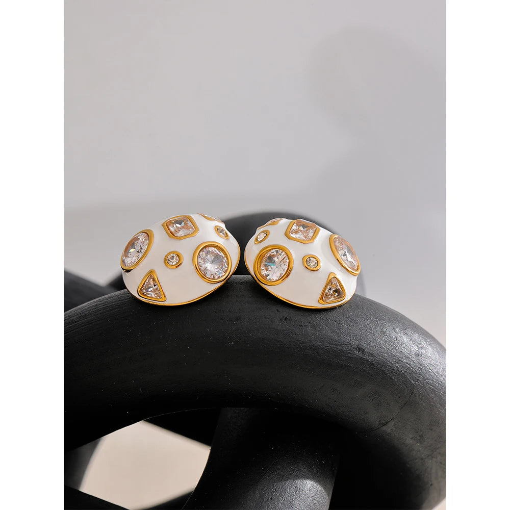 Stainless Steel White Enamel inlaid Cubic Zirconia Charm Stud Earrings for Women Fashion Waterproof Jewelry