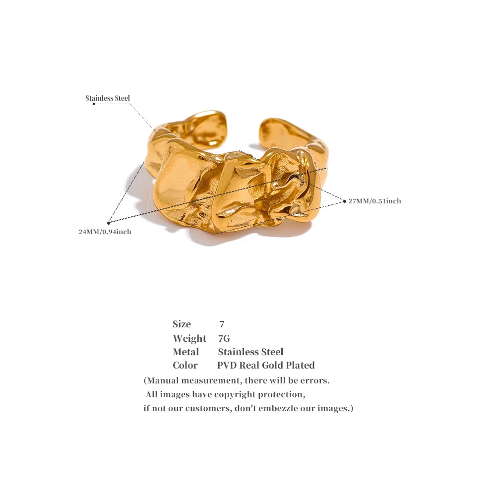 New Stainless Steel Creative Metal Wide Ring for Women Gold Color Texture Temperament Jewelry Waterproof Accessories