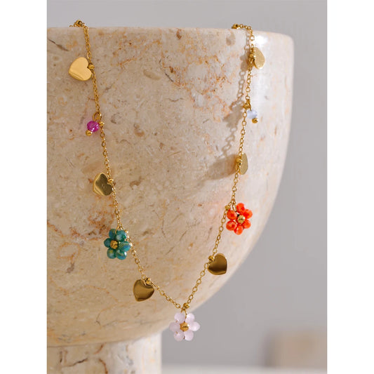 Summer Fashion Crystal Flower Pendant Necklace for Women Stainless Steel Handmade Cute Collar Jewelry 2025 Waterproof