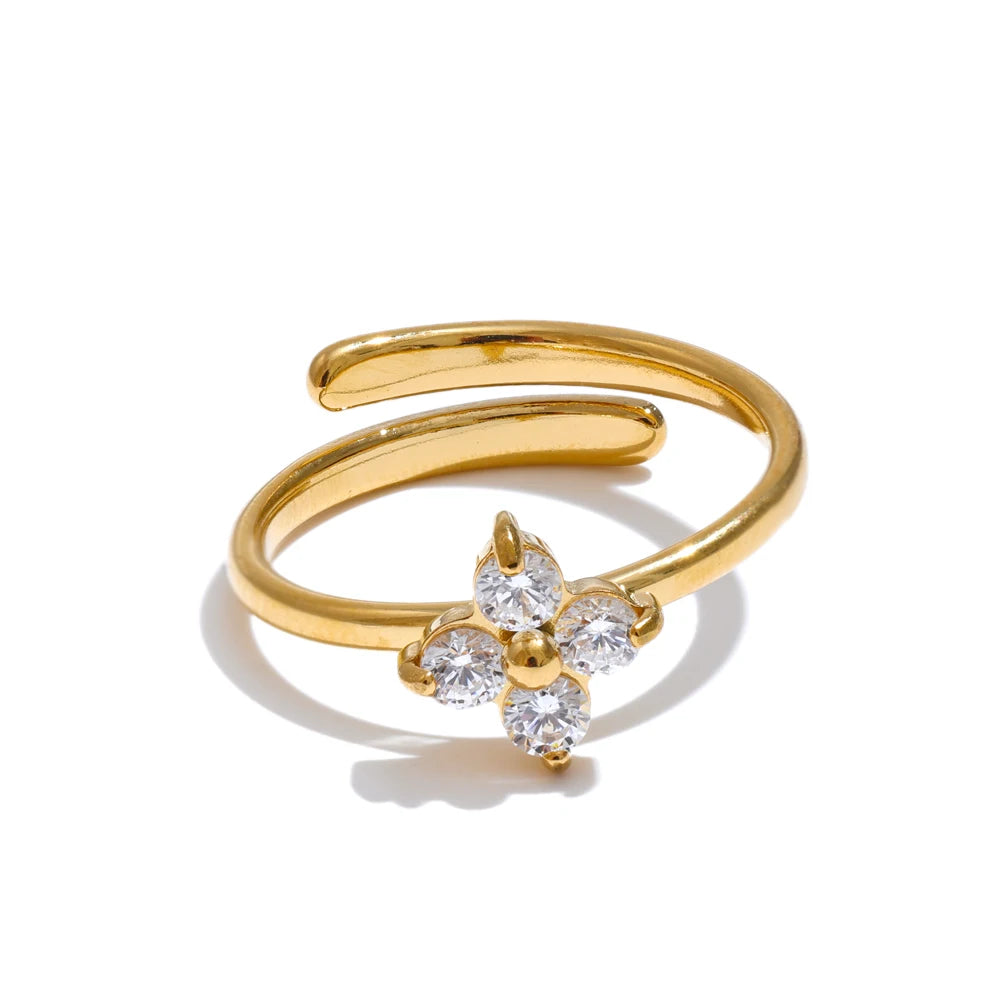 Exquisite Stainless Steel Bling Cubic Zirconia Flower Adjustable Ring for Women Fashion Shiny Finger Jewelry New