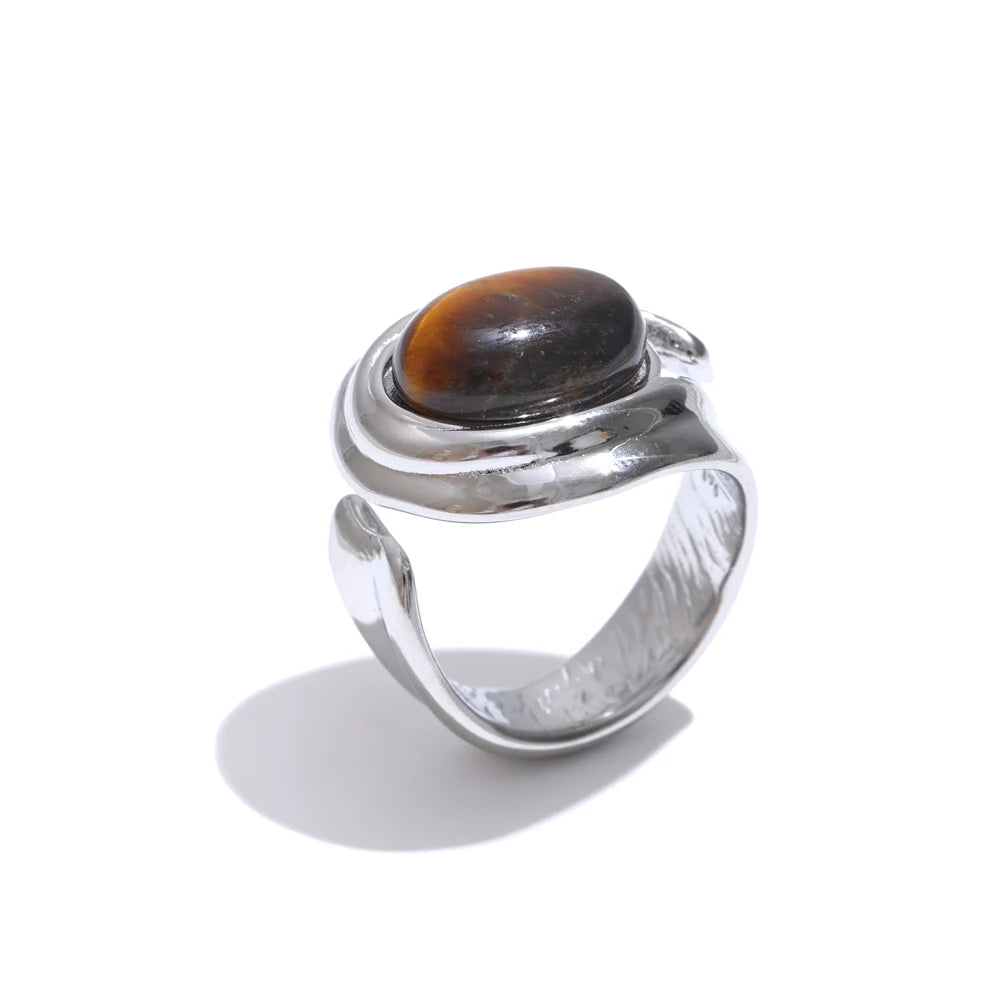 Popular Stainless Steel Natural Tiger Stone Finger Ring Gold Silver Color Waterproof Geometric Charm Jewelry