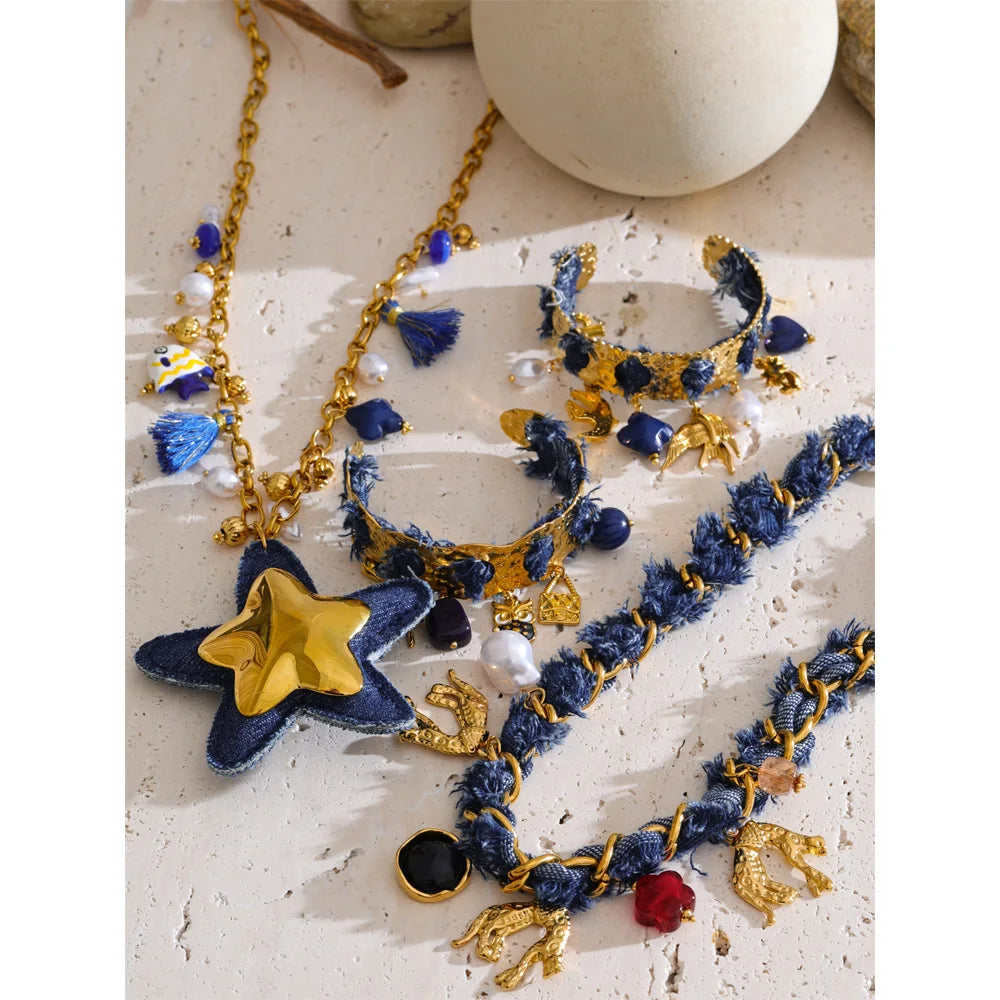 Exclusive Design Blue Denim Heart Star Animal Pendant Necklace Bracelet Bangle Popular Charm Jewelry Autumn & Winter New