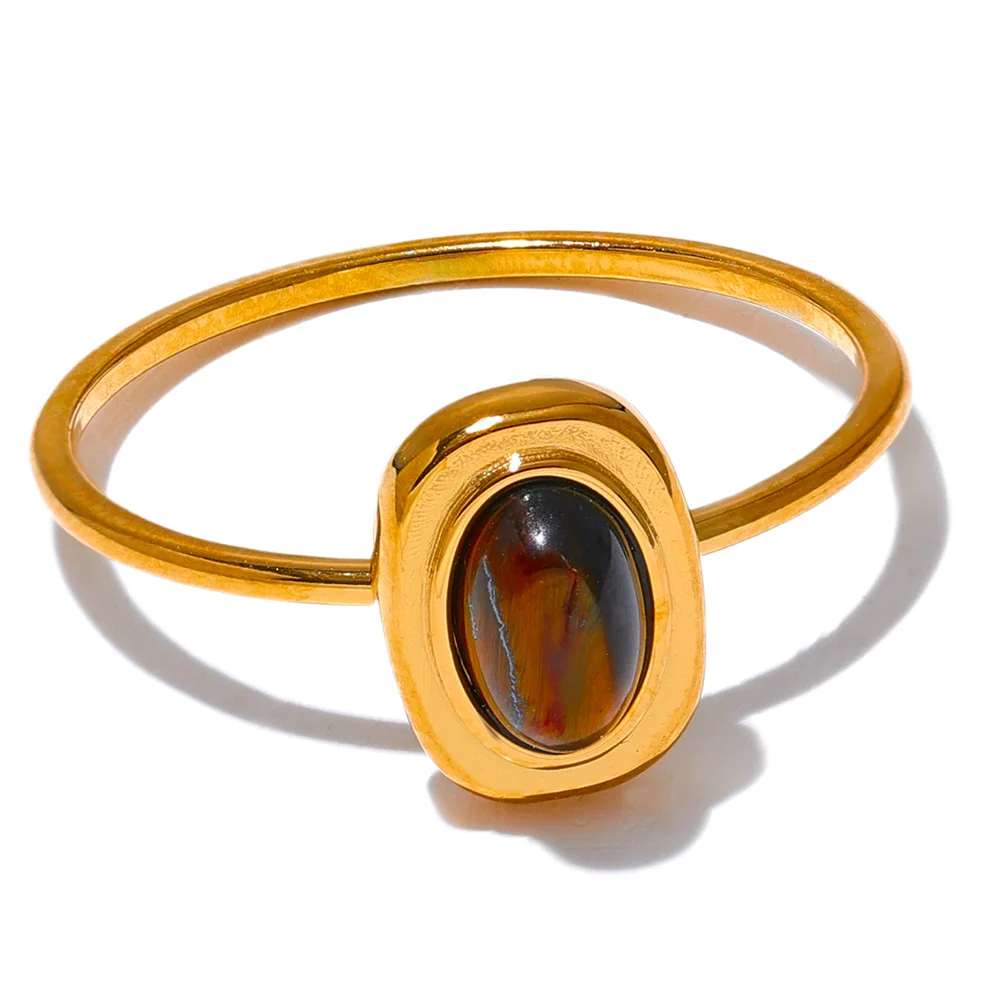 Fashion Natural Stone Stainless Steel Oval Thin Chic Ring Women 18K PVD Plated Waterproof Jewelry Accessories Gift