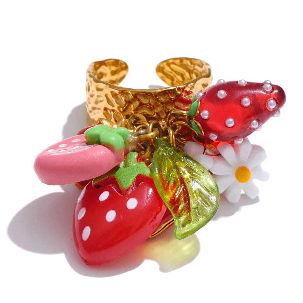 Exclusive Design Strawberry Cherry Chilli Shell Resin Drop Open Adjustable Ring 18K Golden Stainless Steel Charm Jewelry