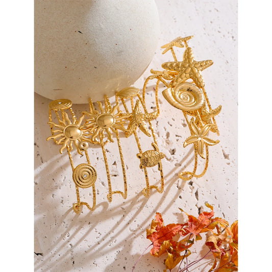 Ocean Series Golden PVD Starfish Shell Sun Cuff Bracelet Open Wrist Jewelry Stainless Steel Bangle for Summer Holiday