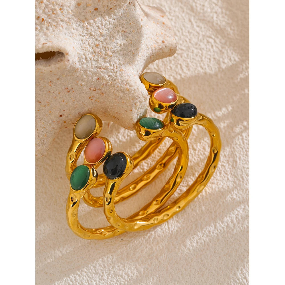62mm High Quality Stainless Steel Multicolored Natural Stone Golden Cuff Open Bracelet Bangle Water Resistant Jewelry