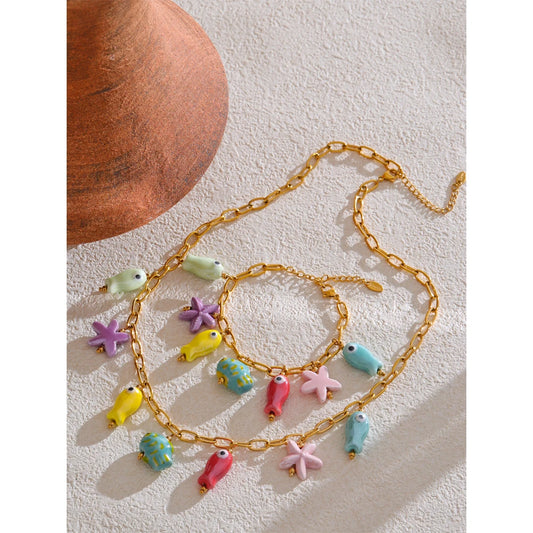 Fashion Stainless Steel Ceramic Starfish Fish Drop Y2K Necklace Bracelet Bangle Tarnish Resistant Popular Cute Jewelry