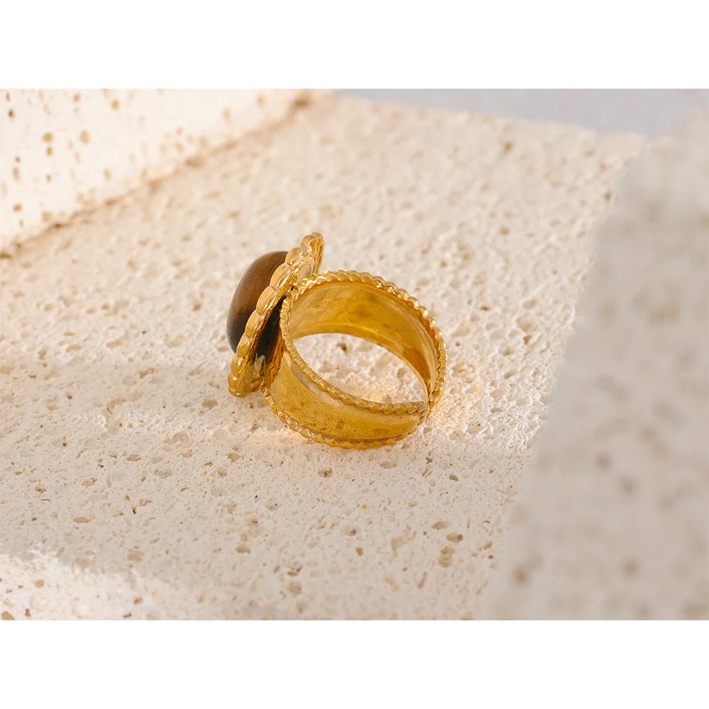 Stainless Steel Wide Chunky Ring Inlaid Tiger Natural Stone Jewelry Trend Europe Bijoux Vintage Stylish Statement