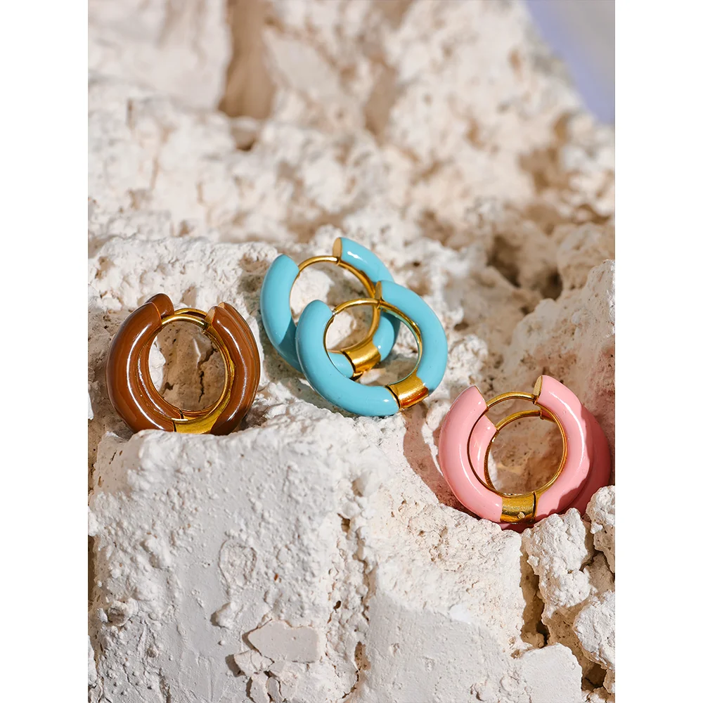 20mm Candy Color Blue Pink Brown Enamel Stainless Steel Hollow Hoop Earrings Golden Simple Trendy Y2K Sweet Jewelry Gift