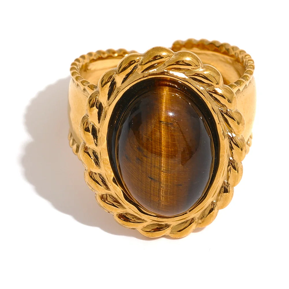 Stainless Steel Wide Chunky Ring Inlaid Tiger Natural Stone Jewelry Trend Europe Bijoux Vintage Stylish Statement