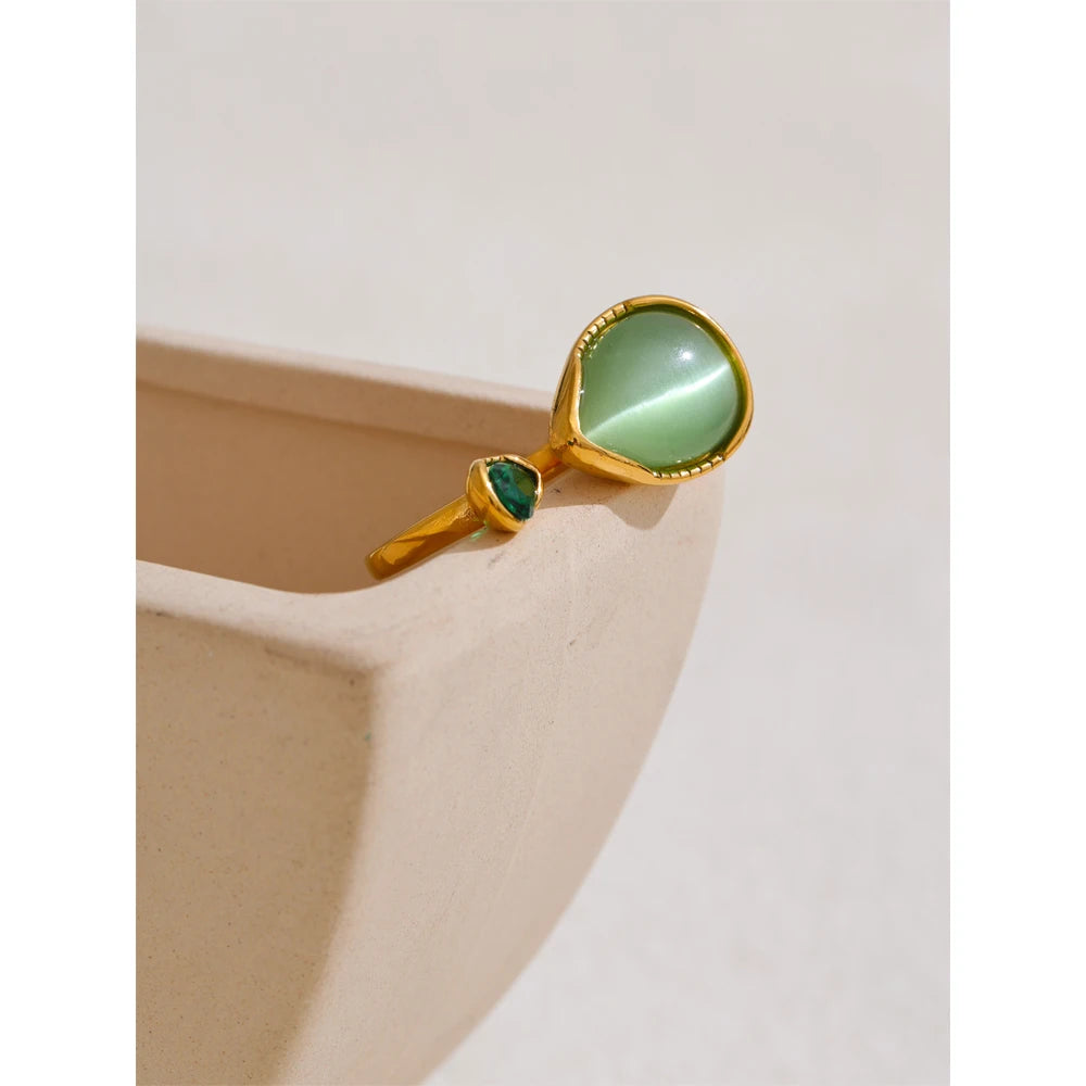 Arrival Green Natural Stone Zirconia Water Drop Geometric Golden Ring for Women Stainless Steel Stylish Jewelry Gift
