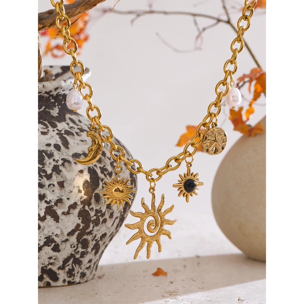 Trendy Starfish Moon Sun Shaped Pendant Charm Necklace Statement Stainless Steel Golden Chain Fashion Jewelry PVD Plated