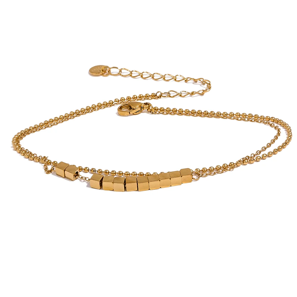 Waterproof Stainless Steel Square Bead Chain Layered Anklet for Women Gold Color Statement Summer Sandy Beach Jewelry