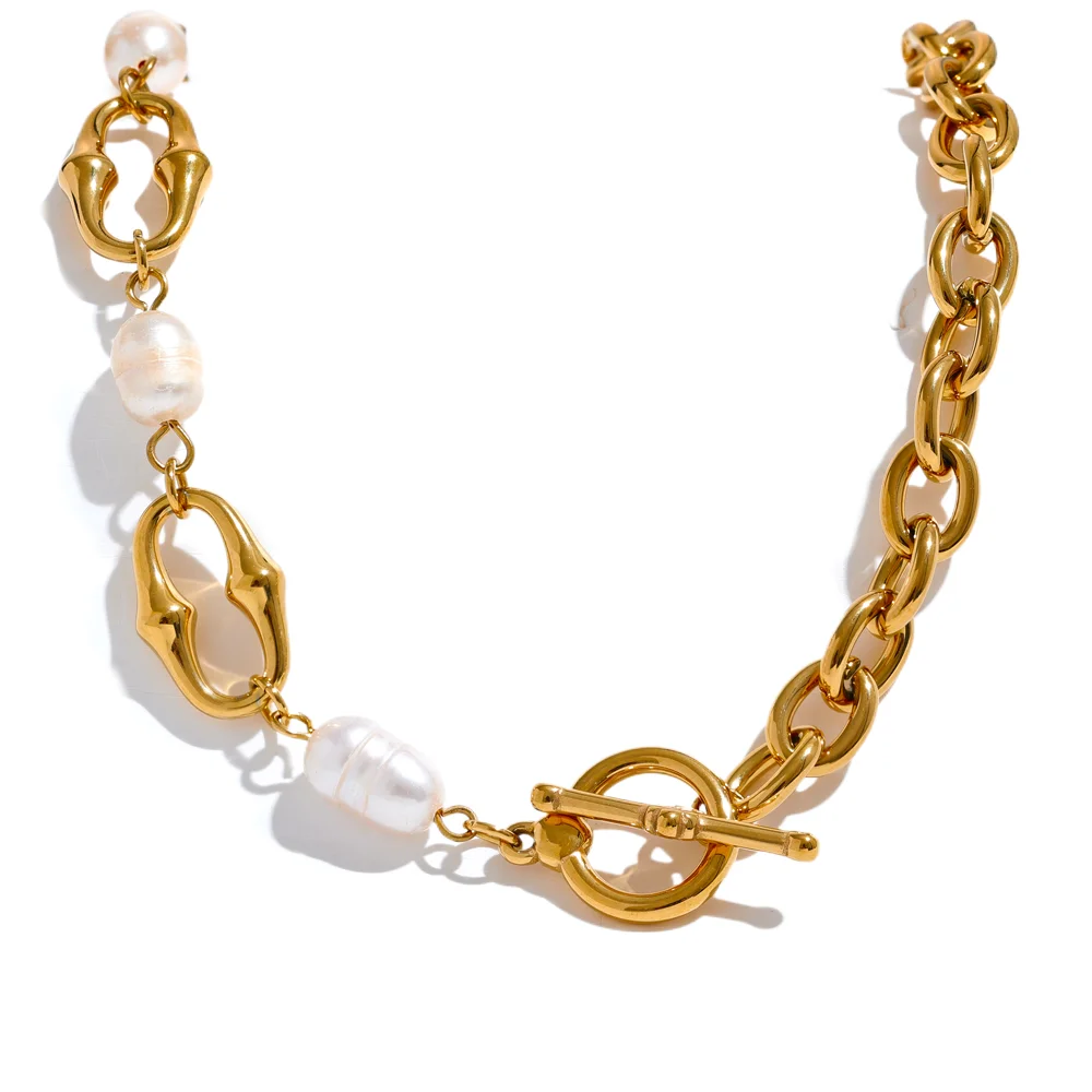 High-Grade Natural Freshwater Pearls Metal Chain Fashion Necklace Trendy 18K PVD Plated Attractive Women Jewelry Gift