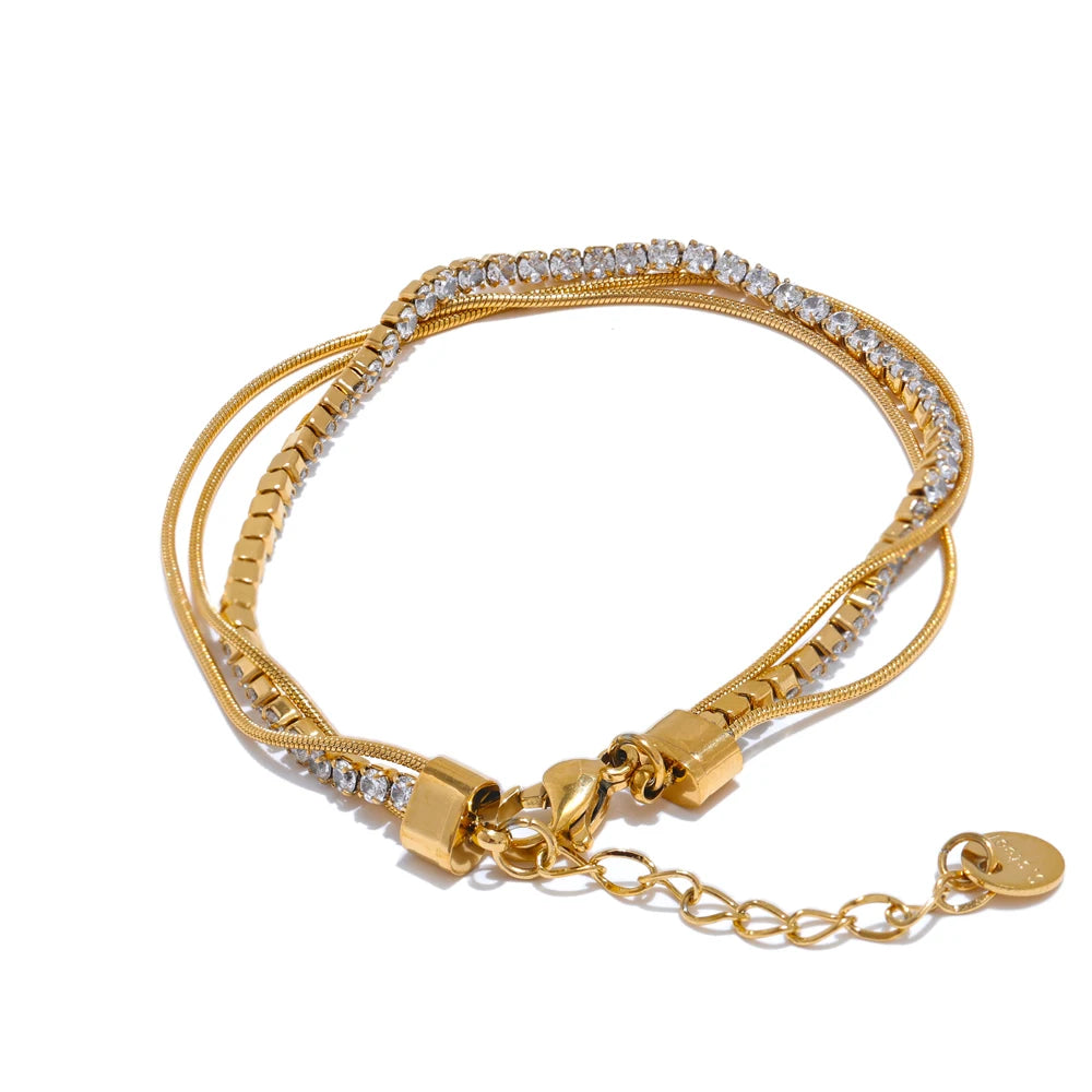 Stainless Steel Shiny Cubic Zirconia Layered Chain Stacking Bracelet Bangle Waterproof Women High Quality Fashion Jewelry