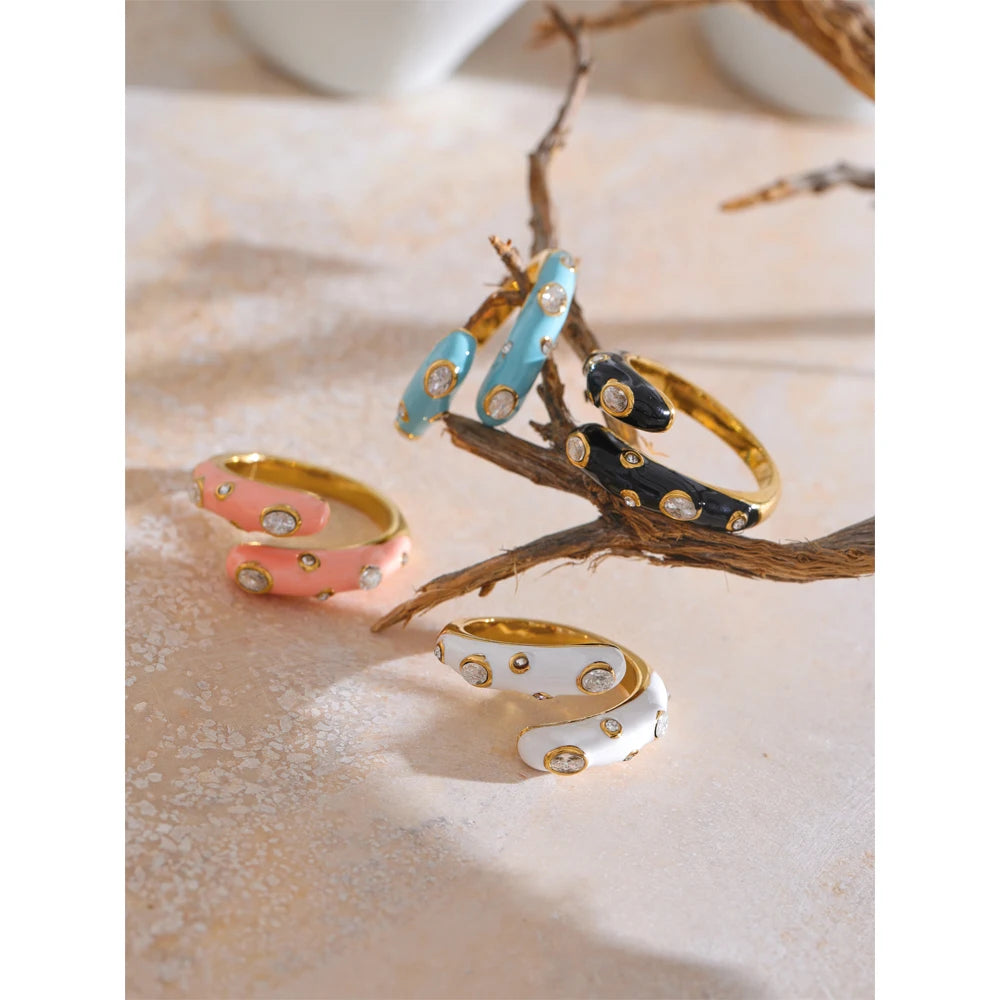 Adjustable Candy Y2K Blue White Black Pink Enamel Cubic Zirconia Exquisite Open Ring Golden Stainless Steel Jewelry Gift