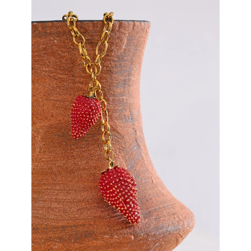 Waterproof Sweet Red Lovey Strawberry Charms Pendant Necklace for Women Stainless Steel New Arrivals Trend Jewelry 2025
