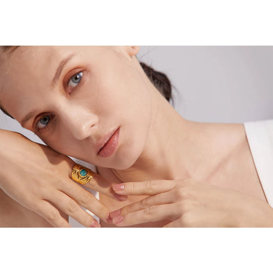 Vintage Red Blue Natural Stone Stainless Steel Open Ring Fashion Trendy Jewelry for Women