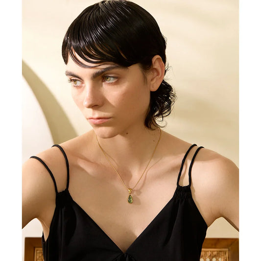 Stylish Green Glass Crystal Water Drop Pendant Necklace for Women 316l Stainless Steel Cast Gold Color Fashion Jewelry New