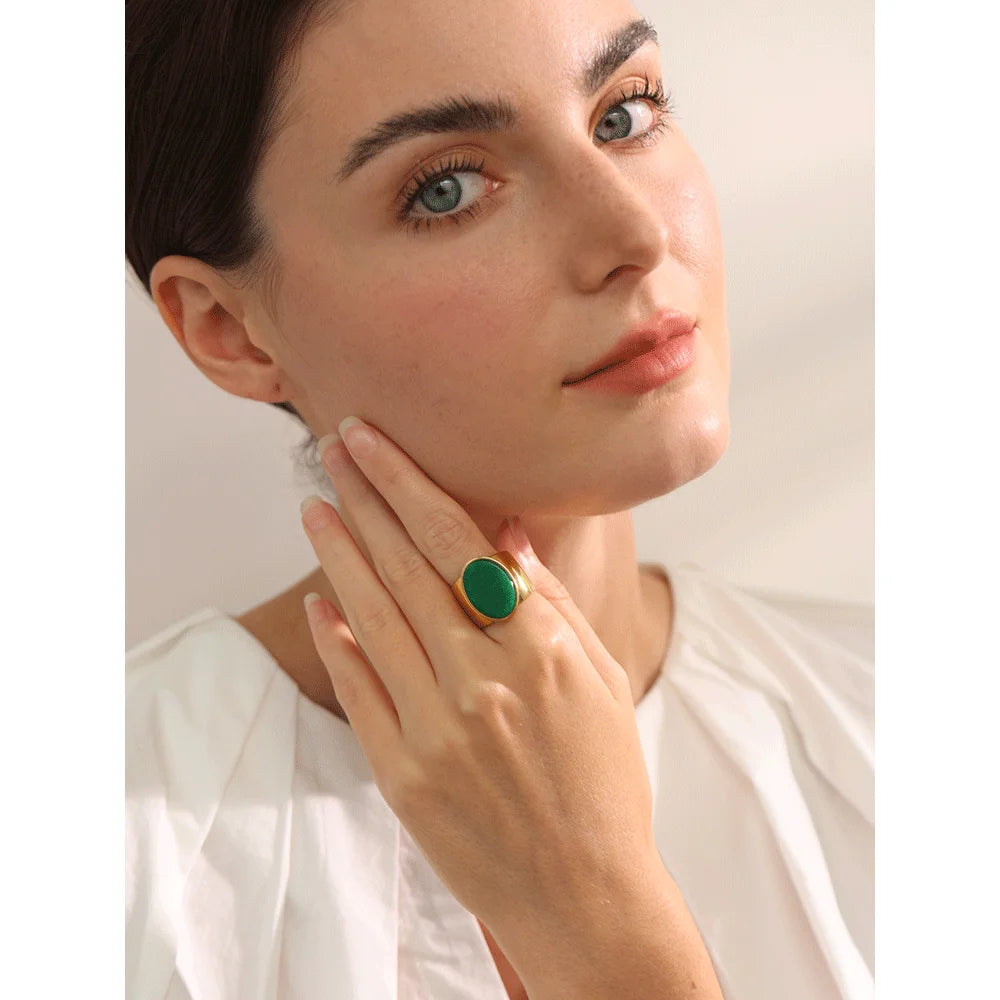 PVD Plated Stone Stainless Steel Gold Color Wide Ring Summer Trendy Fashion Jewelry Accessories Bijoux