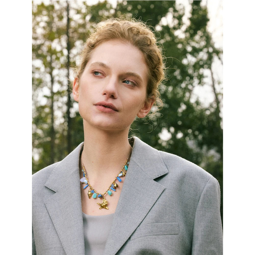 Ocean Style Handmade Jewelry Exquisite Blue Resin Metal Starfish Shell Drop Collar Necklace Stainless Steel Accessories