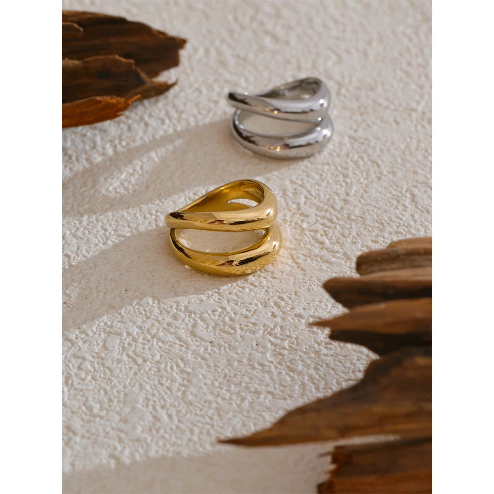 6789# Stainless Steel Metal Double Layer Geometric Cast High Quality Ring Water Resistant Texture Fashion Daily Jewelry