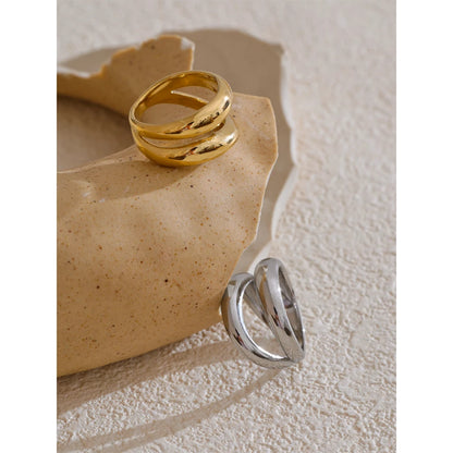 6789# Stainless Steel Metal Double Layer Geometric Cast High Quality Ring Water Resistant Texture Fashion Daily Jewelry