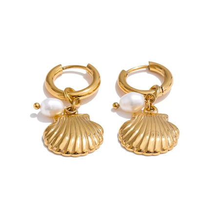 Ocean Style Natural Pearl Conch Shell Starfish Drop Summer Hoop Earrings for Women Stainless Steel Holiday Daily Jewelry
