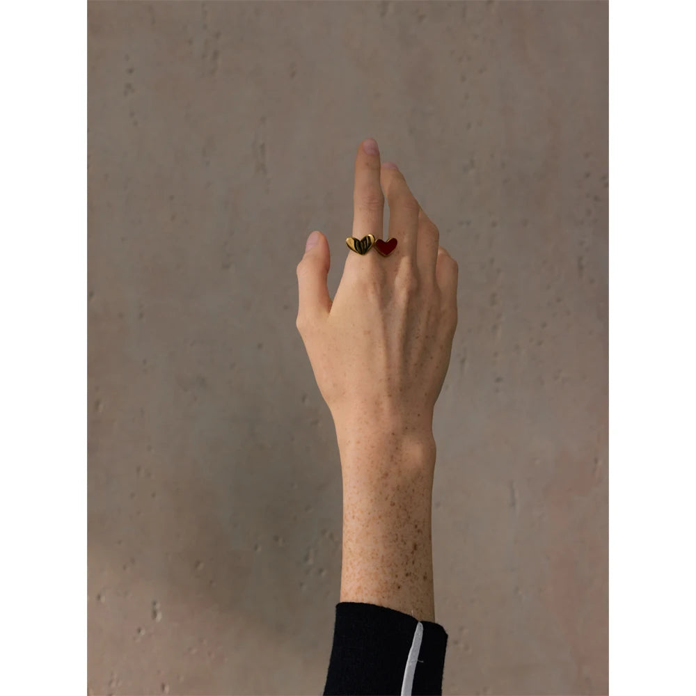 678# Stainless Steel Red Enamel Heart Stylish Ring 18K Gold Color Plated Romantic Valentine's Day Gift Smooth Jewelry
