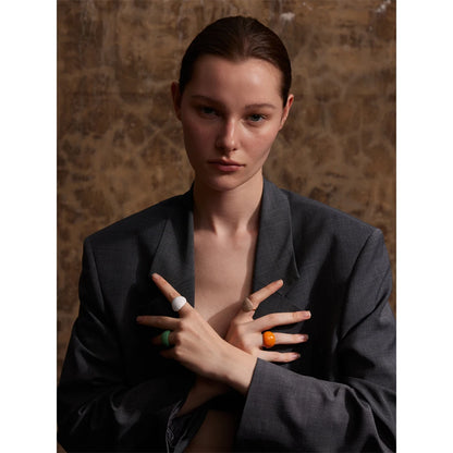 Stainless Steel Fashion Joyful Candy Multi-Color Khaki Orange Blue White Enamel Ring Waterproof Adjustable Charm Jewelry