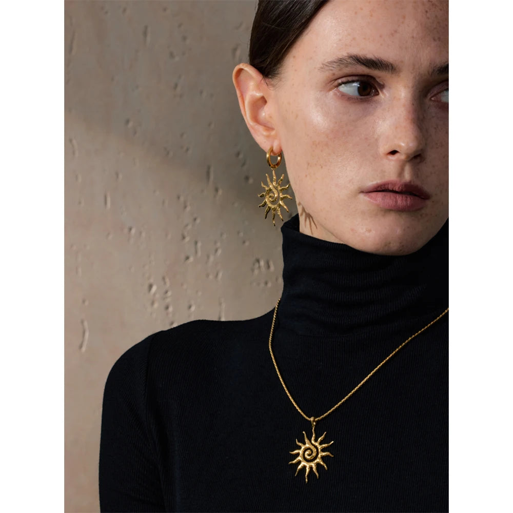 New Popular Stainless Steel Sun Drop Necklace Hoop Earrings for Women Tarnish Resistant Charm Jewelry Set Accessories Gift