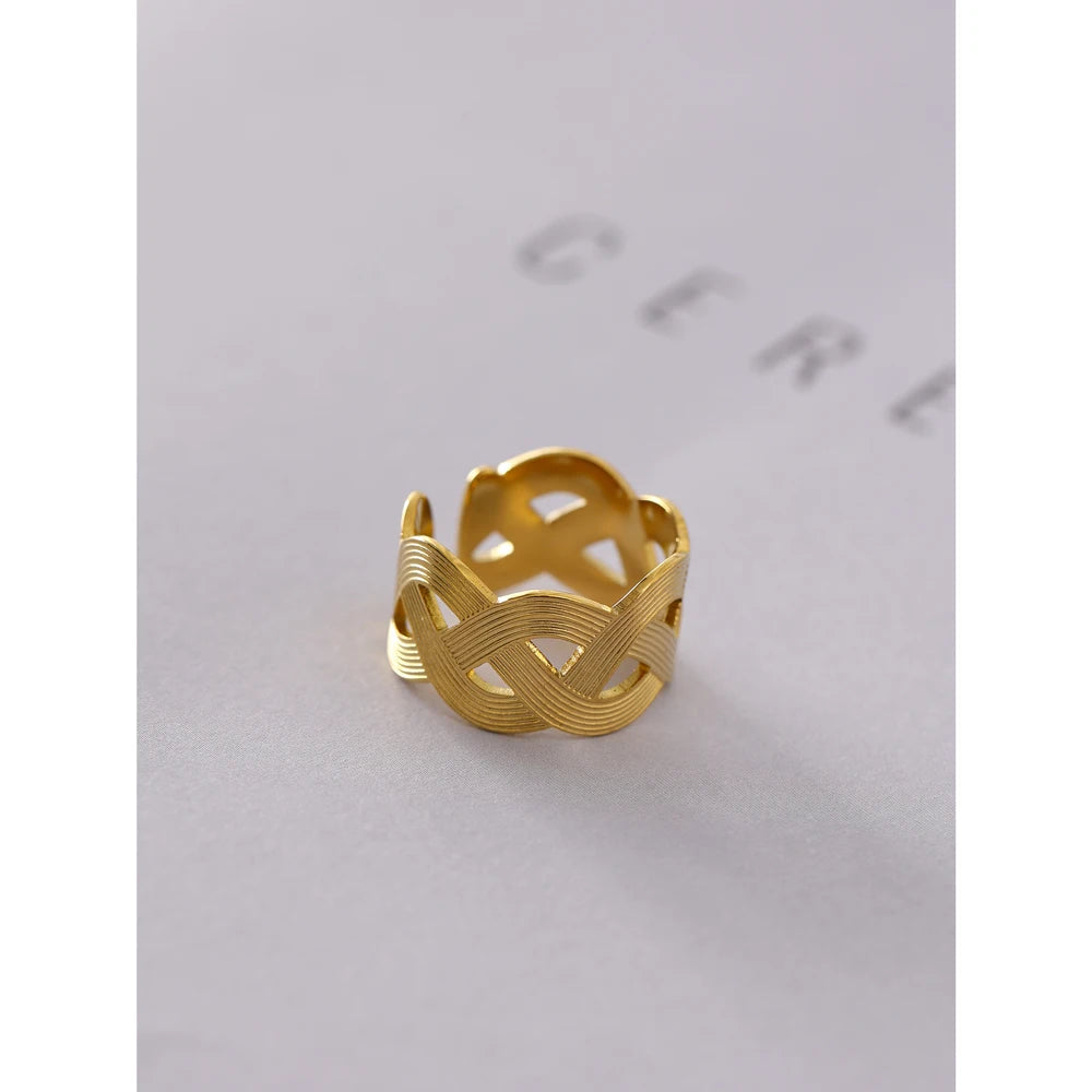Statement Handmade Weave Stainless Steel Ring for Women Fashion Metal Texture Opening Summer Finger Chic Jewelry Gift