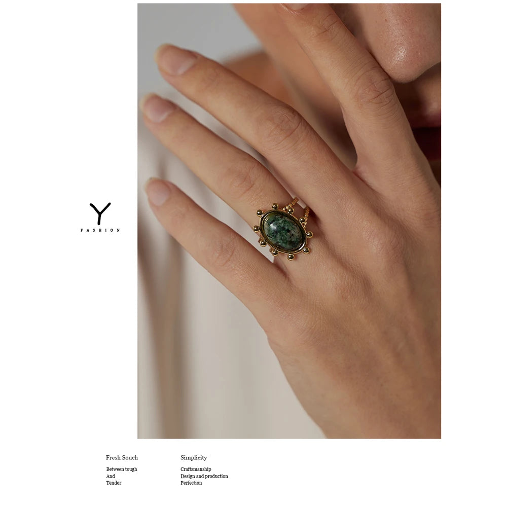 Stainless Steel Green African Turquoise Stone Ring for Women Fashion Ring Waterproof Jewelry Bijoux Femme Party Gift