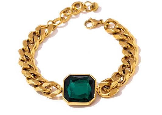 Green Crystal Stainless Steel Gold Bracelets Bangle for Women Hip Hop Thick Chain18 K Plated Punk Fashion Bracelets New