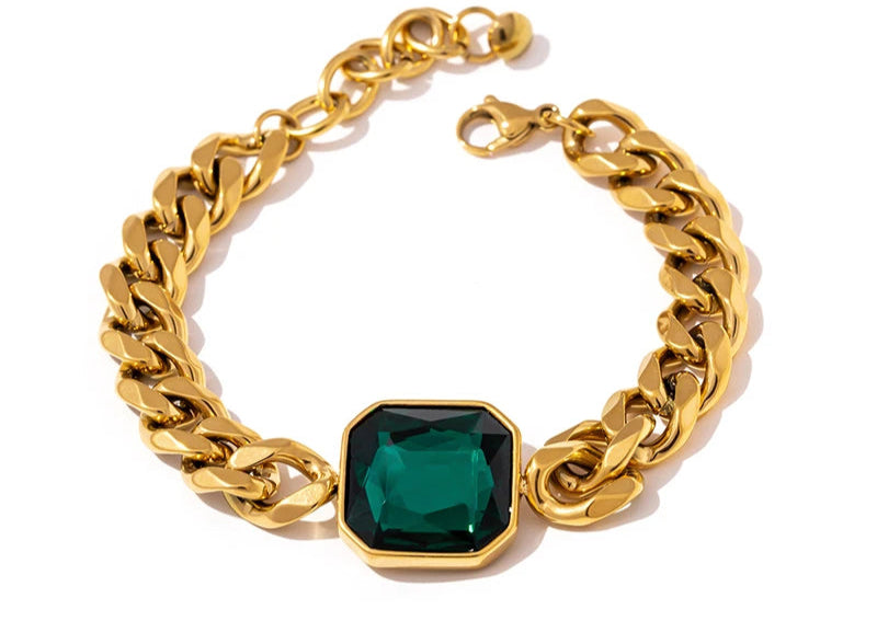 Green Crystal Stainless Steel Gold Bracelets Bangle for Women Hip Hop Thick Chain18 K Plated Punk Fashion Bracelets New