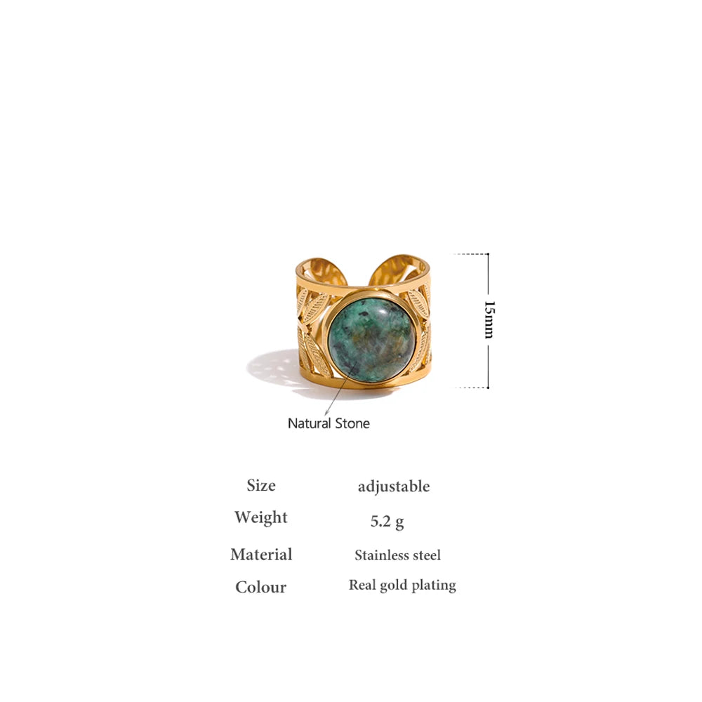 Stainless Steel Green Natural Turquoise Opening Ring Statement Golden 18 K Plated Ring bague acier inoxydable Gift New