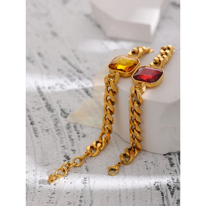 Stainless Steel Red Cubic Zirconia Chain Bangle Bracelet for Women Heavy Metal Golden 18 K Bracelet Bijoux Femme Gift