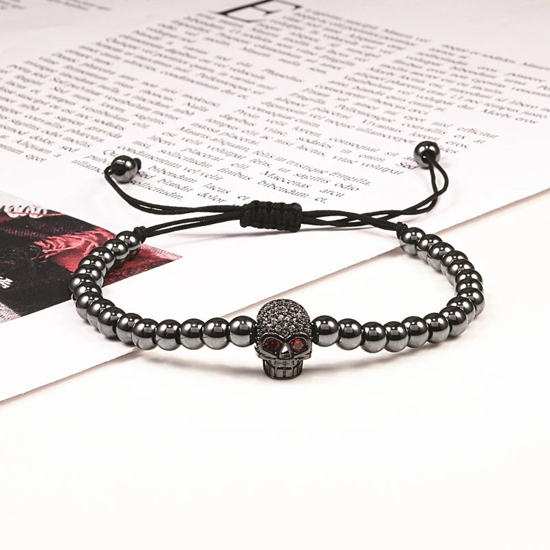 Charm Skull Head Copper Beads Bracelets Handmade Pave CZ Skeleton Crystal Adjustable Bracelet Punk Wrist Jewelry for Women Men